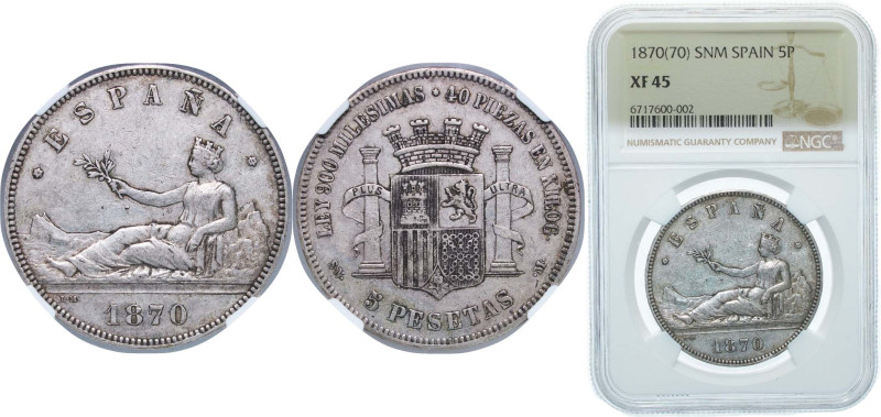 Spain Provisional Government 1870 *18-70 SNM 5 Pesetas Silver (.900) Madrid Mint...