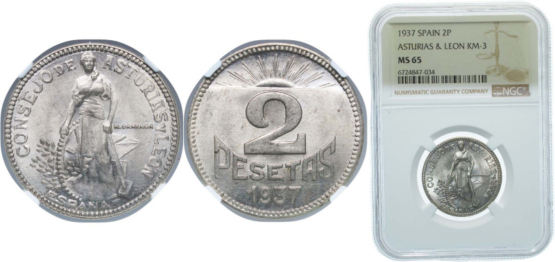 Spain Second Republic 1937 2 Pesetas (Asturias and León) Copper-nickel (400000) ...