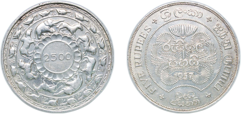 Sri Lanka British Ceylon colony 1957 5 Rupees - Elizabeth II (Buddha) Silver (.9...