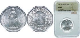 Switzerland Federal State 1957 B 2 Francs (Helvetia standing) Silver (.835) Bern Mint (2298000) 10g NGC MS 63 HMZ 2 1202 Divo/Tob19 304 KM 21 Schön 29...