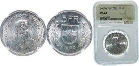 Switzerland Federal State 1965 B 5 Francs (Herdsman; small type) Silver (.835) Bern Mint 15g NGC MS 64 HMZ 2 1200 Divo/Tob19 301 KM 40 Schön 36 Y 36