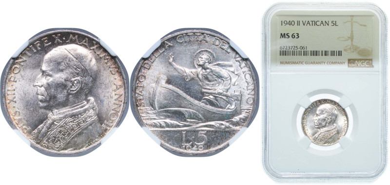 Vatican City City State 1940 5 Lire - Pivs XII Silver (.835) Rome Mint (100000) ...