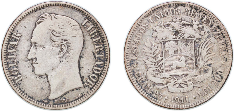 Venezuela United States 1911 5 Bolívares Silver (.900) Paris Mint 24.66g VF Y 24...