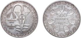Western African States Central Bank of Western African States 1972 500 Francs CFA (Monetary Union) Silver (.900) Paris Mint (100000) 25g AU KM 7 Schön...