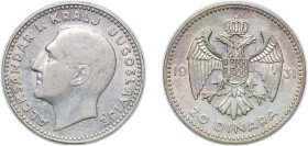 Yugoslavia Kingdom 1931 20 Dinara - Aleksandar I Silver (.500) Belgrade Mint (12500000) 14g VF KM 11 Schön 9