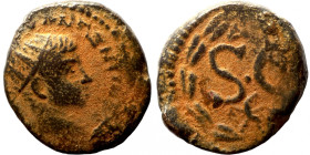 Elagabalus. (218-222 AD). Æ Bronze. Syria. Antioch. Obv: bust of Elagabalus right. Rev: delta in wreath. 
20mm 5,96g
Artificial sand patina