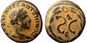 Elagabalus. (218-222 AD). Æ Bronze. Syria. Antioch. Obv: bust of Elagabalus right. Rev: delta in wreath. 
19mm 5,74g
Artificial sand patina