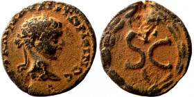 Elagabalus. (218-222 AD). Æ Bronze. Syria. Antioch. Obv: bust of Elagabalus right. Rev: delta in wreath. 
19mm 6,33g
Artificial sand patina