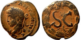 Elagabalus. (218-222 AD). Æ Bronze. Syria. Antioch. Obv: bust of Elagabalus right. Rev: delta in wreath. 
19mm 3,58g
Artificial sand patina
