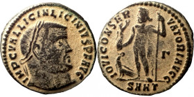 Licinius I, 308-324. Follis Heraclea. IMP C VAL LICIN LICINIVS P F AVG Laureate head right. Rev. IOVI CONSERVATORI AVGG / Δ Jupiter standing left, hol...