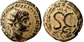 Elagabalus. (218-222 AD). Æ Bronze. Syria. Antioch. Obv: bust of Elagabalus right. Rev: delta in wreath. 
19mm 4,59g
Artificial sand patina