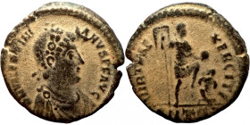 Valentinian II, 383-388. Ae. D N VALENTINIANVS P F AVG Pearl-diademed, draped and cuirassed bust to right. Rev. VIRTVS EXERCITI Emperor standing to ri...