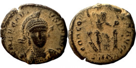 Arcadius. (401-403 AD). Follis. Cyzicus. Obv: DN ARCADIVS PF AVG. helmeted bust of Arcadius holding spear and shield facing. Rev: CONCORDIA AVGG. Conc...