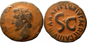 Tiberius Æ As. Restitution issue struck under Titus in Rome, AD 79-81. TI CAESAR DIVI AVG F AVGVST IMP VIII, bare head left / IMP T CAES DIVI VESP F A...
