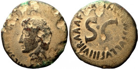 Tiberius Æ As. Restitution issue struck under Titus in Rome, AD 79-81. TI CAESAR DIVI AVG F AVGVST IMP VIII, bare head left / IMP T CAES DIVI VESP F A...