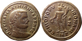 Maximianus. (294 AD). Æ Follis. Antioch. Obv: IMP C MAXIMIANVS P F AVG. laureate bust of Maximian right. Rev: GENIO POPVLI ROMANI. Genius stading and ...