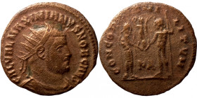 Maximianus. (285-295 AD). Æ Antoninian. Obv: IMP CMA MAXIMIANVS PF AVG. radiate cuirassed bust right. Rev: CONCORDIA MILITVM.
19mm 2,74g