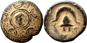 KINGS of MACEDON. Alexander III the Great, 336-323 BC. Ae (bronze, 3.39 g, 16 mm). Salamis, circa 323-315 BC. Macedonian shield with gorgoneion in bos...