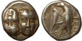ANCIENT GREECE. MOESIA, ISTROS. Silver drachm, circa 340-313 BC.Obv: two young male heads facing, right head inverted. Rev: IΣTPIH, sea-eagle on dolph...