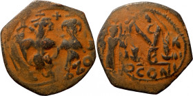 Heraclius, with Heraclius Constantine, 610-641. Follis (bronze, 3.59 g, 25 mm), Arab Byzantine war issue. Military mint in Palestine, likely Neapolis ...