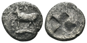 Bithynia. Kalchedon. (367-340 BC) AR Drachm. Obv: KAΛΧ. bull standing left on grain ear; in lower left field, monogram. Rev: Quadripartite incuse squa...