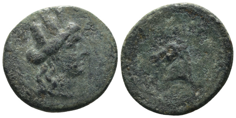 Cilicia. Aigeai. (164-27 BC) Æ Bronze. Obv: head of Tyche right. Rev: head of ho...