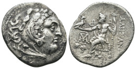 Macedonia. Alexander the Great. (336-323 BC) AR Drachm. Obv: head of Alexander the great right. Rev: sitting Zeus holding eagle and scepter. Weight 3,...