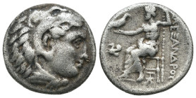 Macedonia. Alexander the Great. (336-323 BC) AR Drachm. Obv: head of Alexander the great right. Rev: sitting Zeus holding eagle and scepter. Weight 4,...