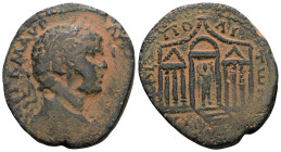 Phoenicia, Tripolis. Elagabalus. A.D. 218-222. AE.
AVT K M AV ANTωNINOC, laureate draped bust right / TPI ΠO ΛI TωN, temple of Astarte with three bay...