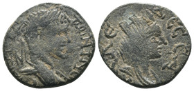 Caracalla. (198-217 AD). Æ Bronze. Mesopotamia. Carrhae. Obv: laureate and draped bust of Caracalla right. Rev: bust of Tyche right. Weight 2,69 gr - ...