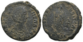 Aelia Flaccilla. ( 383-388 AD). Follis. Constantinople. Obv: AEL FLACCILLA AVG. Pearl-diademed, draped bust right with necklace, hair elaborately weav...