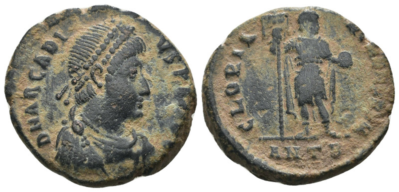 Arcadius. (383-388 AD). Follis. Antioch. Obv: D N ARCADIVS P F AVG. diademed and...