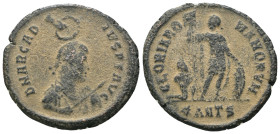 Arcadius. (383-388 AD). Follis. Antioch. Obv: D N ARCADIVS P F AVG. diademed and armed bust of Arcadius right. Rev: GLORIA ROMANORVM. Arcadius standin...