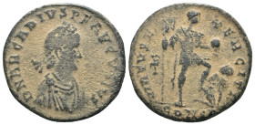 Arcadius. (383-388 AD). Follis. Constantinople. Obv: D N ARCADIVS P F AVG. diademed and armed bust of Arcadius right. Rev: GLORIA ROMANORVM. Arcadius ...