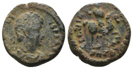Arcadius. (383-408 AD). Follis. Antioch. Obv: DN ARCADIVS PF AVG. diademed bust of Arcadius right. Rev: GLORIA ROMANORVM. Arcadius on horseback right....