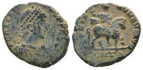 Arcadius. (383-408 AD). Follis. Antioch. Obv: DN ARCADIVS PF AVG. diademed bust of Arcadius right. Rev: GLORIA ROMANORVM. Arcadius on horseback right....