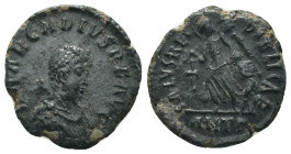 Arcadius. (392-395 AD). Æ Follis. Antioch. Obv: DN ARCADIVS PF AVG. pearl-diademed bust of Arcadius right. Rev: SALVS REIPVBLICAE. Victory advancing l...