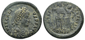 Arcadius. (394-400 AD). Follis. Constantinople. Obv: DN ARCADIVS PF AVG. diademed bust of Arcadius right. Rev: VIRTVS EXERCITI. Arcadius standing left...