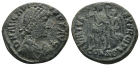Arcadius. (394-400 AD). Follis. Constantinople. Obv: DN ARCADIVS PF AVG. diademed bust of Arcadius right. Rev: VIRTVS EXERCITI. Arcadius standing left...