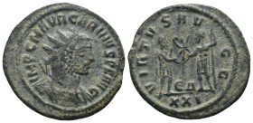 Carinus. (283-285 AD). Æ Antoninian. Antioch. Obv: IMP C M AVR CARINVS PF AVG. radiate cuirassed bust of Carinus right. Rev: VIRTVS AVGG. Carinus rece...