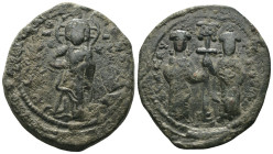 Constantine X. Ducas. (1059-1067 AD). Follis. Constantinople. Obv: Christ facing. Rev: Constantine and Eudocia standing facing, holding between them a...