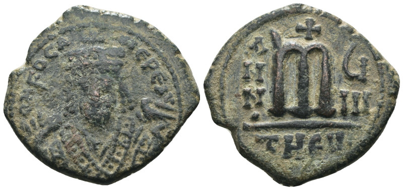 Phocas. (605-606 AD). Æ Follis. Theoupolis. Obv: bust of Phocas facing. Rev: ANN...