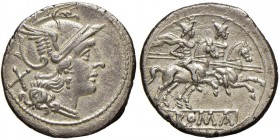 REPUBBLICA ROMANA Anonime con simboli - Denario (211-170 a.C.) Testa di Roma a d. - R/ I Dioscuri a cavallo a d., sotto, ROMA in rilievo – B. 2; Cr. 4...