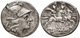 Anonime con simboli - Denario (211-170 a.C.) Testa di Roma a d. - R/ I Dioscuri a cavallo a d., sotto, grifone – B. 20; Cr. 182/1 AG (g 3,10)
MB