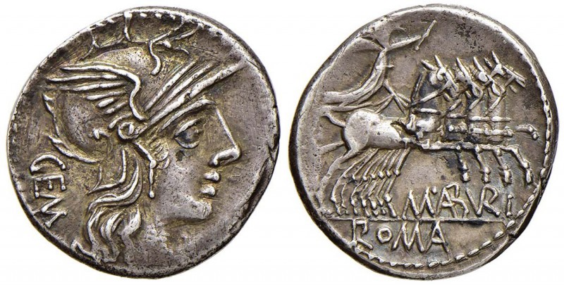Aburia – B. Aburius Geminus - Denario (132 a.C.) Testa di Roma a d. - R/ Il Sole...