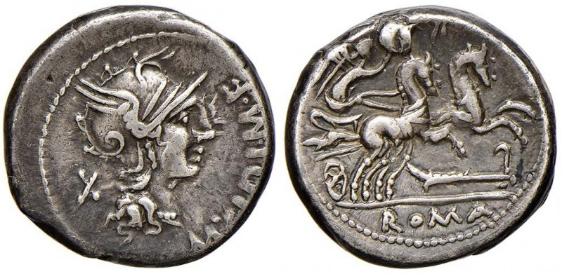 Cipia – M. Cipius M. f. - Denario (115-114 a.C.) Testa di Roma a d. - R/ La Vitt...
