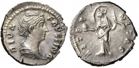 Faustina I (moglie di Antonino Pio) Denario – Busto a d. - R/ AETERNITAS, l’Eternità stante a s. – RIC 348 AG (g 3,00)
SPL