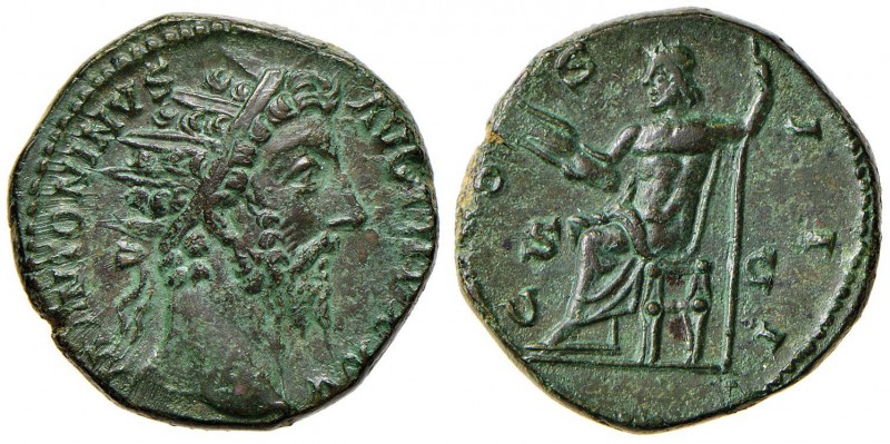 Marco Aurelio (160-180) Dupondio - Testa radiata a d. – R/ COS III, Giove seduto...