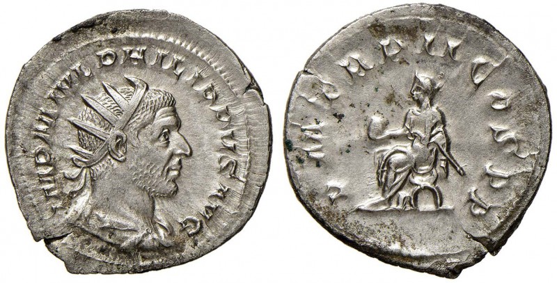 Filippo I (244-249) Antoniniano – Busto radiato a d. - R/ L’imperatore seduto a ...