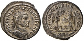 Diocleziano (285-305) Antoniniano (Tripoli) Busto radiato a d. - R/ Giove e la Vittoria stanti uno di fronte all’altra – RIC 331 MI (g 4,00)
SPL